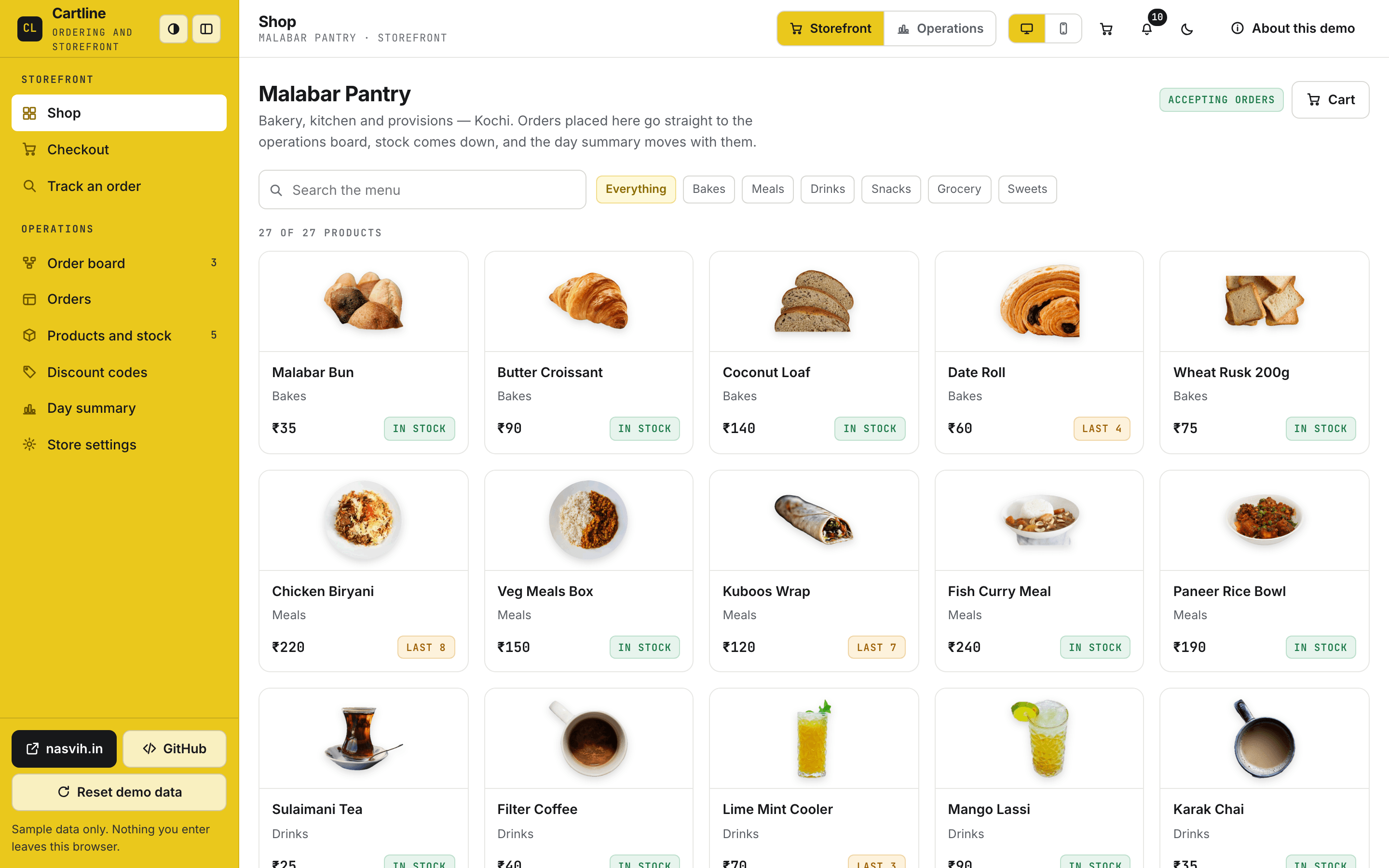 Cartline — a screenshot of the web application dashboard