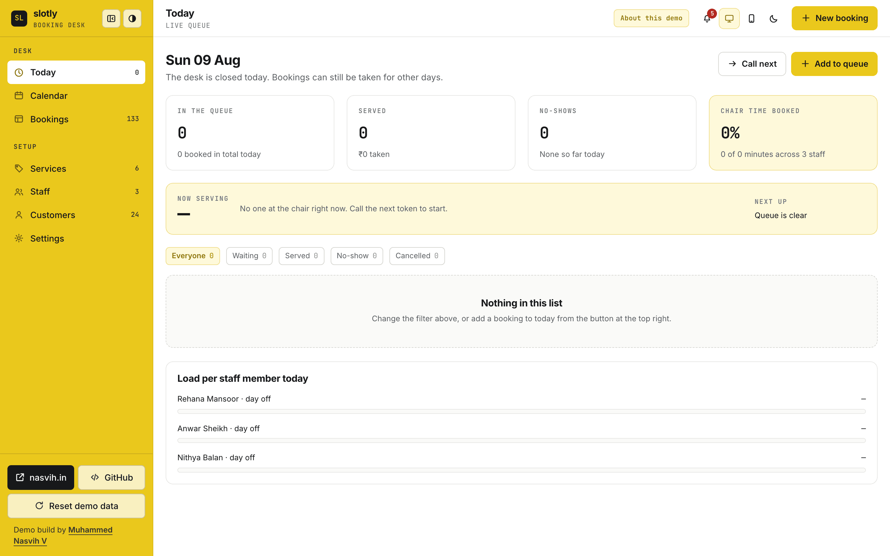 Slotly — a screenshot of the web application dashboard