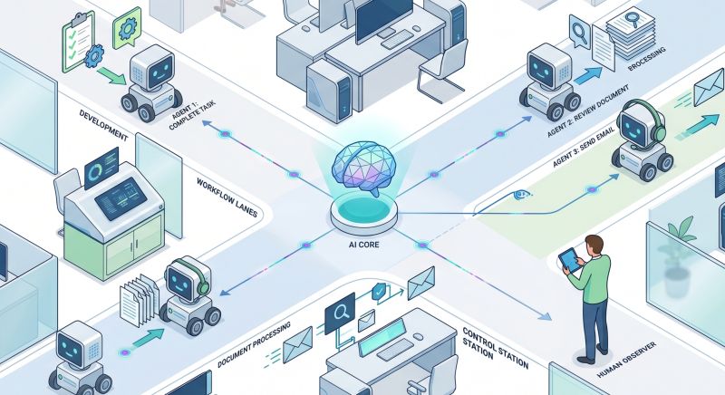 Isometric illustration of a glowing AI brain core directing small robot agents across office workflow lanes for development, document processing, and a human observer watching from a tablet.
