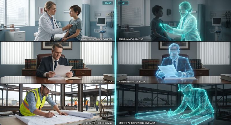 A six-panel comparison graphic pairing a human doctor examining a child, a lawyer reviewing documents at a desk, and a construction worker checking blueprints, each beside a glowing blue holographic AI counterpart performing the same task, labeled with skills like precision data & analysis, pattern recognition & logic, and structural computation & simulation.