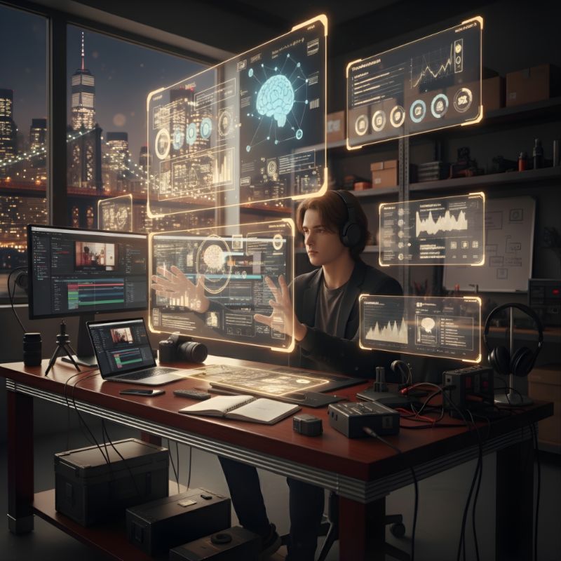 Illustration of a young man wearing headphones at a desk with a video-editing setup, camera gear, and multiple holographic AI dashboards showing brain icons and analytics.