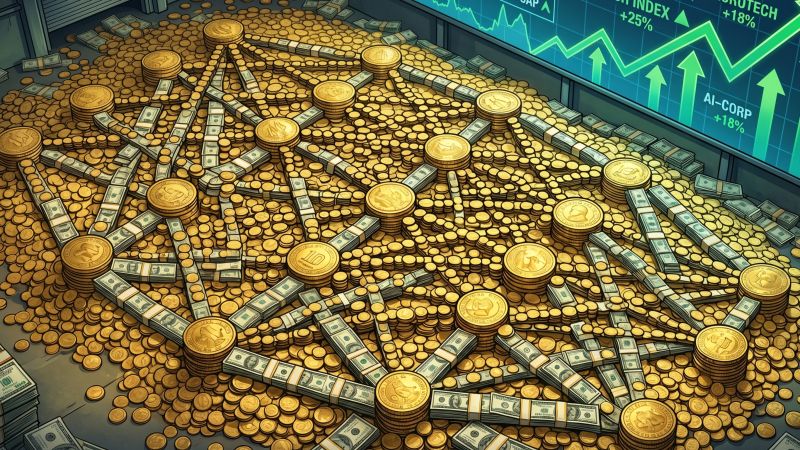 Illustrated pile of gold coins and dollar bills arranged in a branching network pattern, with a stock chart showing AI-related tickers rising in the background.