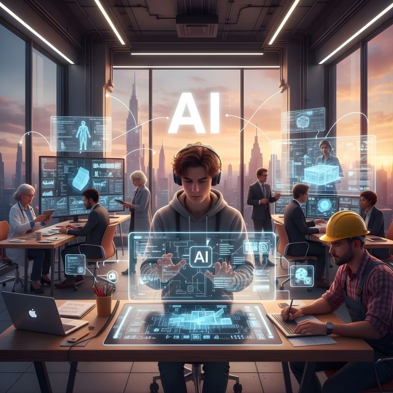 Illustration of a person with headphones at the center of a modern office using a holographic AI panel, surrounded by a doctor, businesspeople, and a construction worker each using their own AI screens.