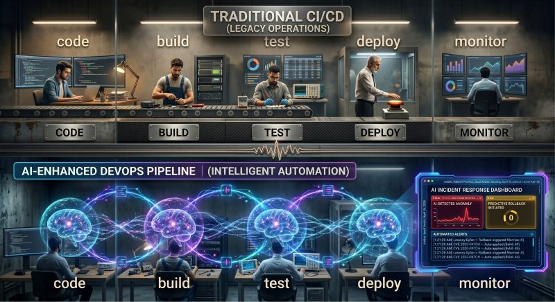A split illustration contrasting a 'Traditional CI/CD (Legacy Operations)' pipeline of engineers working manually at code, build, test, deploy and monitor stations, with an 'AI-Enhanced DevOps Pipeline (Intelligent Automation)' below it, showing glowing neural-network brains connecting the same five stages next to an AI incident-response dashboard with automated rollback alerts.