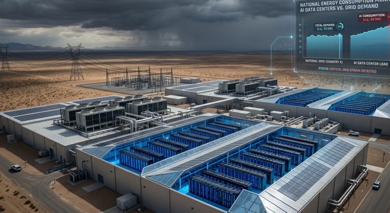 A rendered data-center complex in a desert, with rows of blue-lit server racks, solar panels and transmission towers under a stormy sky, overlaid with a chart comparing national grid demand against AI data-center load and a 'critical grid strain detected' status.