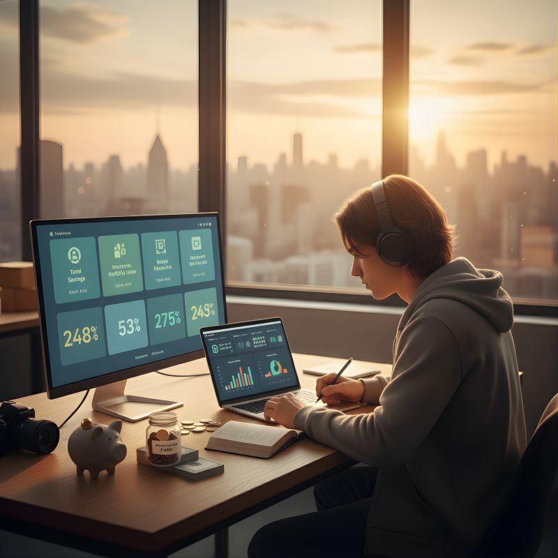 Illustration of a person with headphones writing at a desk at sunset, with a monitor showing savings dashboard cards with percentages, a piggy bank, and a coin jar labeled summer fund.