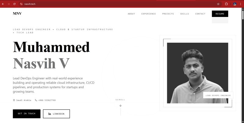 Screenshot of a personal portfolio website homepage for Muhammed Nasvih V, shown as an example of a site that can be built and published quickly.