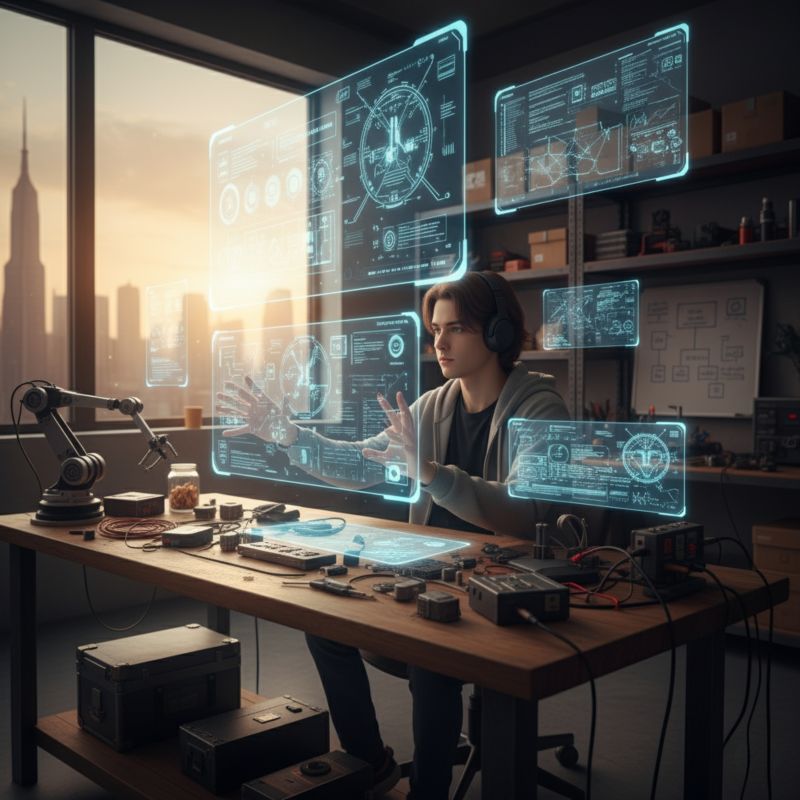 Illustration of a young man at a workbench with a robotic arm and electronic components, surrounded by holographic diagram panels showing circuits and system flowcharts.