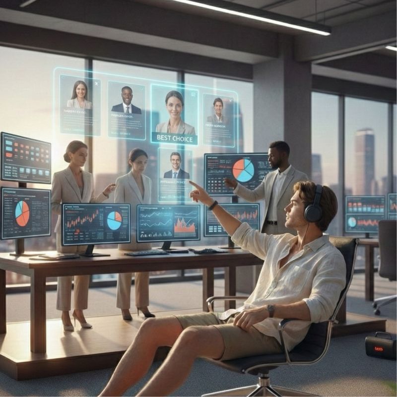Illustration of a man pointing at a holographic 'Best Choice' panel among floating candidate profile cards, while colleagues review pie charts on monitors in a modern office.
