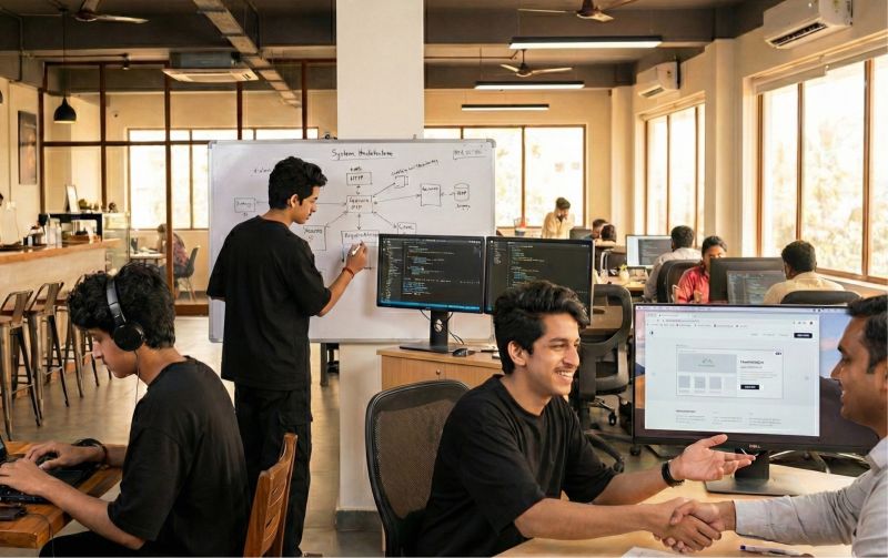 Photo of a small team in a coworking space — one person sketching a system architecture diagram on a whiteboard while others work at multi-monitor desks and one shakes hands with a visitor.