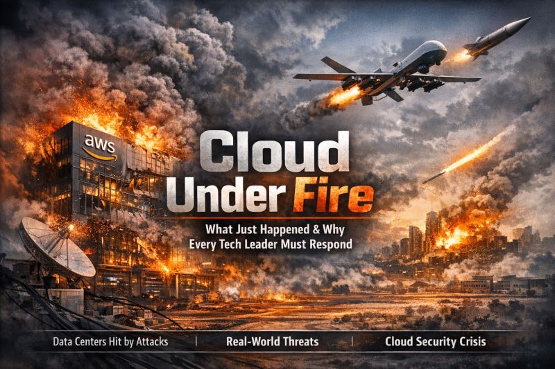 Dramatic illustrated poster titled 'Cloud Under Fire' showing a burning AWS data center building, missiles and a drone in the sky, with the tagline 'What Just Happened and Why Every Tech Leader Must Respond.'