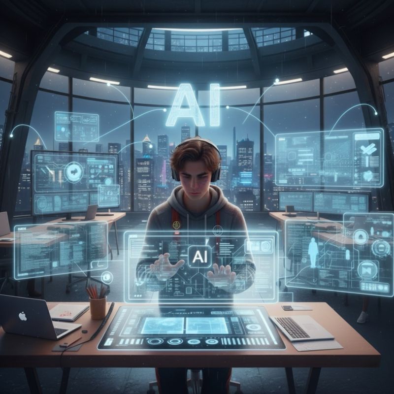 Illustration of a person wearing headphones at a desk, surrounded by floating holographic AI screens and dashboards in a glass-domed office overlooking a city skyline.
