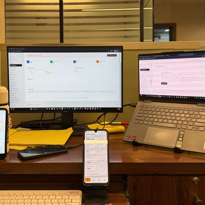 A desk with a monitor, a laptop and a phone all showing internal business dashboards — sales figures, attendance QR codes, and an admin overview screen — the kind of daily operational detail documentation exists to capture.