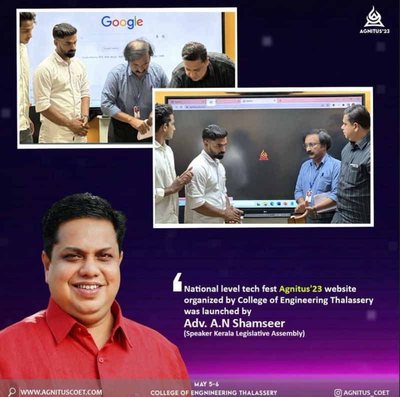 Poster for the Agnitus'23 tech fest at College of Engineering Thalassery, showing photos of the fest website being launched by Adv. A.N Shamseer, Speaker of the Kerala Legislative Assembly.