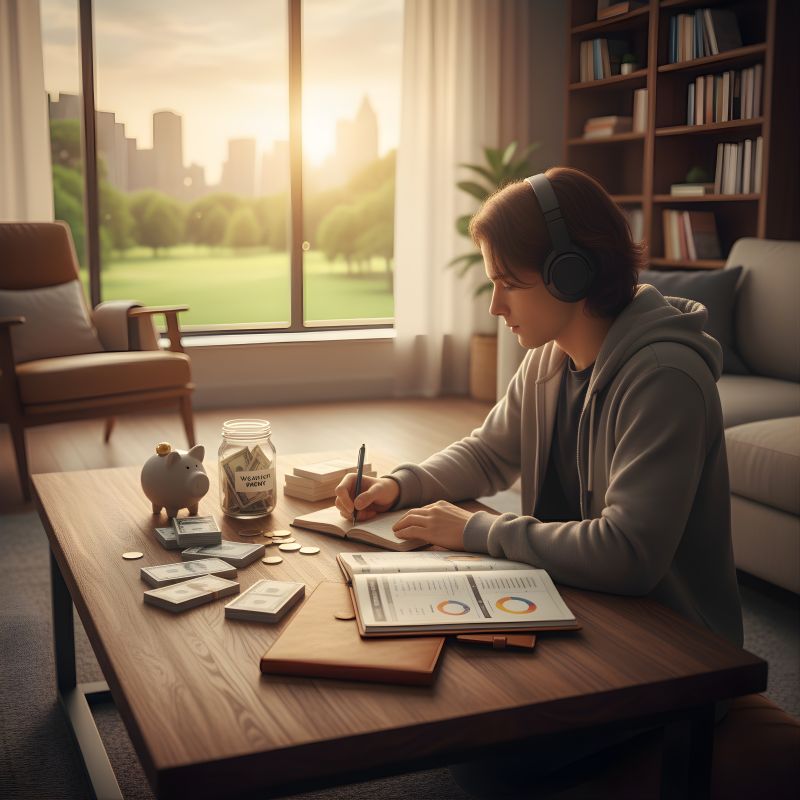 Illustration of a person with headphones writing in a notebook at a coffee table in a sunlit living room, next to a piggy bank and a jar of cash labeled wealth.