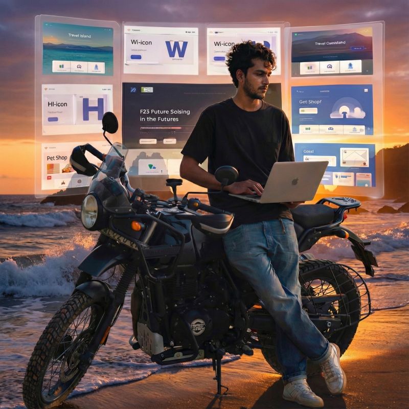 Stylized composite photo of a man using a laptop while leaning against a motorcycle at sunset on a beach, surrounded by floating mockups of website templates like Travel Island and Pet Shop.