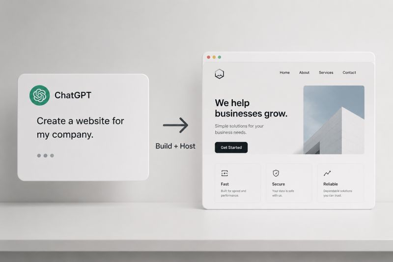 A graphic showing a ChatGPT chat bubble reading 'Create a website for my company' on the left, with an arrow labeled 'Build + Host' pointing to a finished business homepage mockup with a hero image and feature cards on the right.
