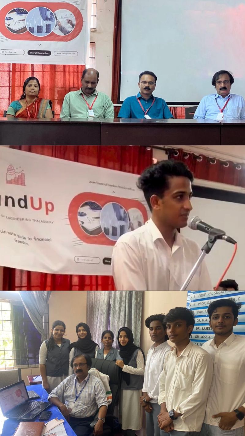 Photo collage from a FundUp financial-literacy event: college faculty seated on a panel below a projector screen, the author speaking at a microphone in front of the FundUp banner, and the organizing team posing with faculty.