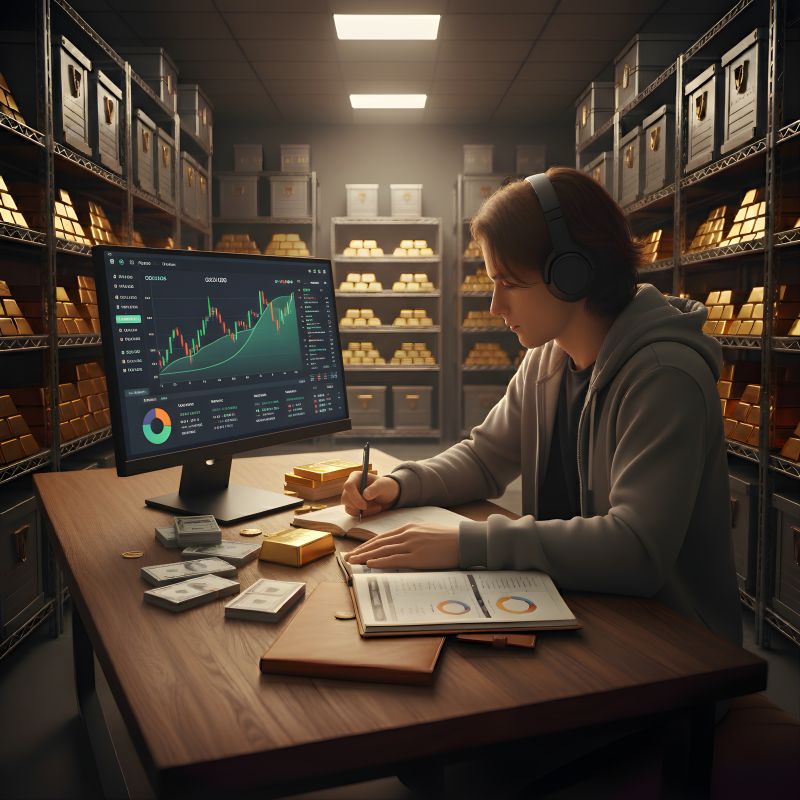 Illustration of a person with headphones sitting at a desk in a gold storage vault, reviewing a candlestick price chart on a monitor next to stacked gold bars and cash.