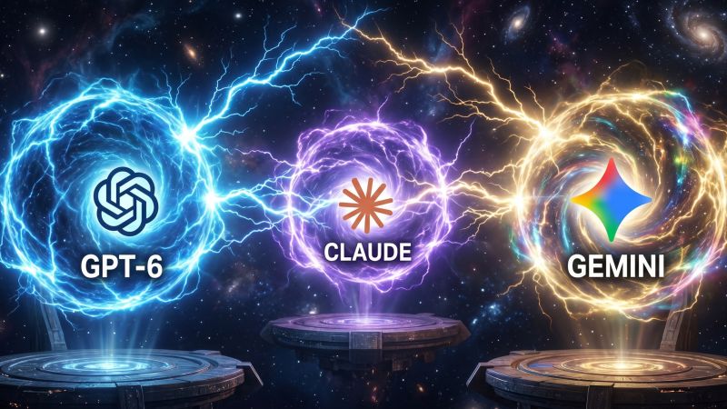 Illustration of three glowing energy portals labeled GPT-6, Claude and Gemini, connected by lightning arcs against a starry sky.