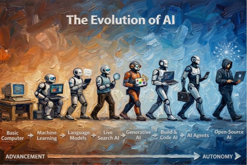 Painterly illustration titled 'The Evolution of AI' showing a row of robots progressing from a basic computer through machine learning, language models, live search, generative AI, build-and-code AI, AI agents, to open-source AI.
