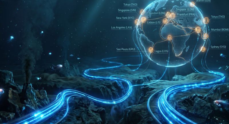 Illustration of glowing undersea fiber-optic cables connecting a globe, linking cities such as Tokyo, London, New York, Singapore and Mumbai.