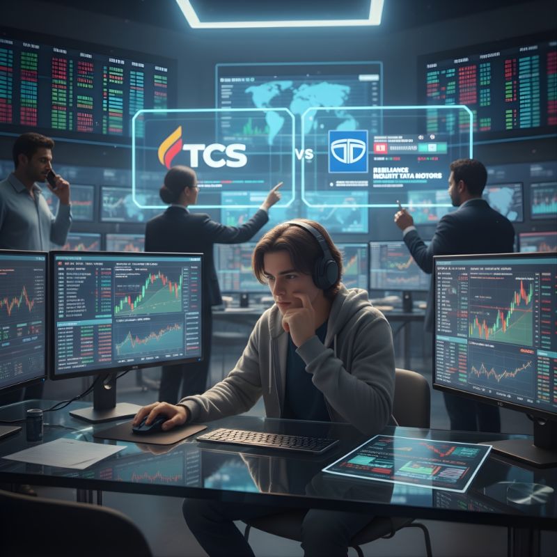 Illustration of a young man with headphones sitting thoughtfully at a multi-monitor stock-trading desk, with a background screen comparing TCS versus Tata Motors share charts.