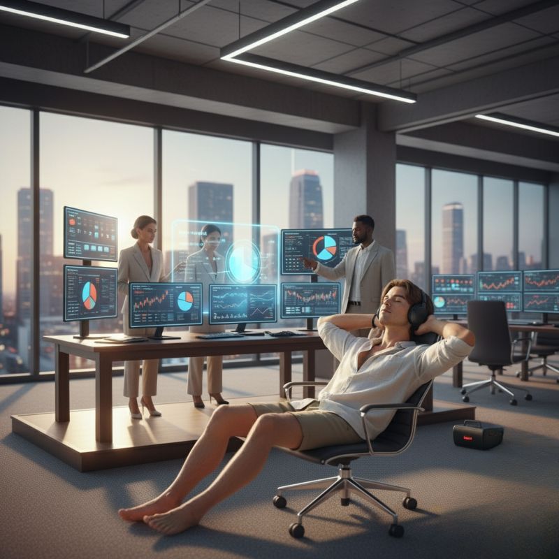 Illustration of a relaxed investor reclining in an office chair with hands behind his head while colleagues actively manage stock charts and pie charts on surrounding monitors.