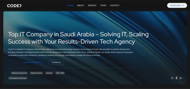 Screenshot of the Code7 company website homepage, showing a dark navy hero banner with the headline 'Top IT Company in Saudi Arabia — Solving IT, Scaling Success with Your Results-Driven Tech Agency' and service tags for website development, digital marketing, branding, and AI development.
