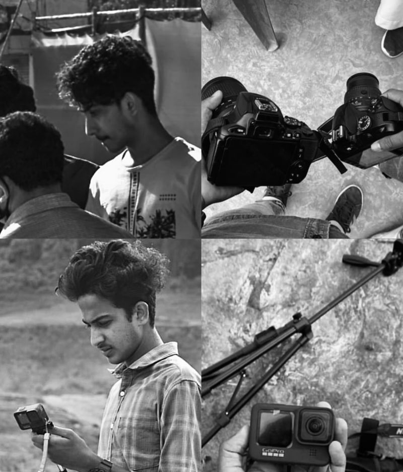 Black-and-white photo grid of the author and friends handling video and photography equipment — DSLR cameras, a GoPro, and a tripod — from his part-time photography and videography work.