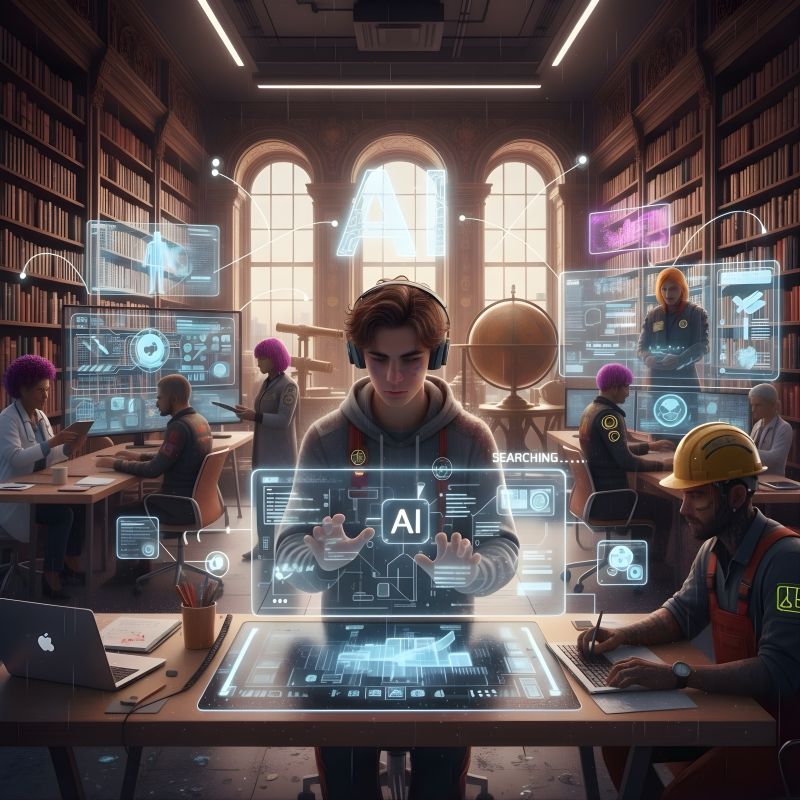 Illustration of a person with headphones using a holographic AI interface in an old library, surrounded by researchers at desks and a screen reading SEARCHING.