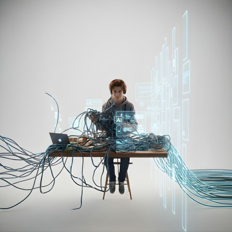 Illustration on a plain background of a person sitting on a stool, tangled in a mass of dark cables connecting a laptop to a glowing AI hologram panel.