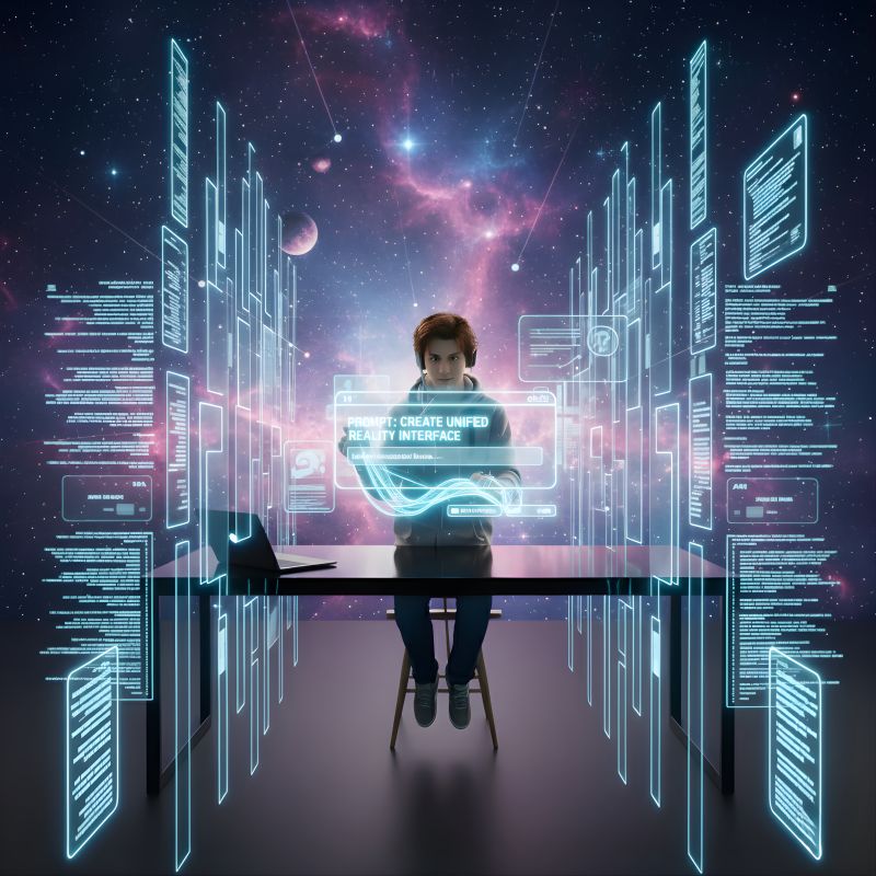 Illustration of a person sitting at a desk floating in a nebula, surrounded by glowing text panels, one reading PROMPT: CREATE UNIFIED REALITY INTERFACE.