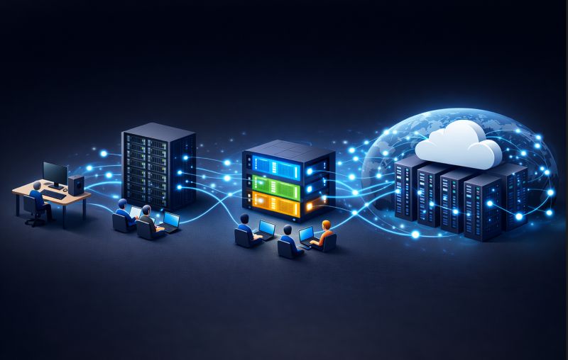 Isometric illustration of server racks, engineers at laptops, and a glowing cloud icon connected by a global network of blue light trails.