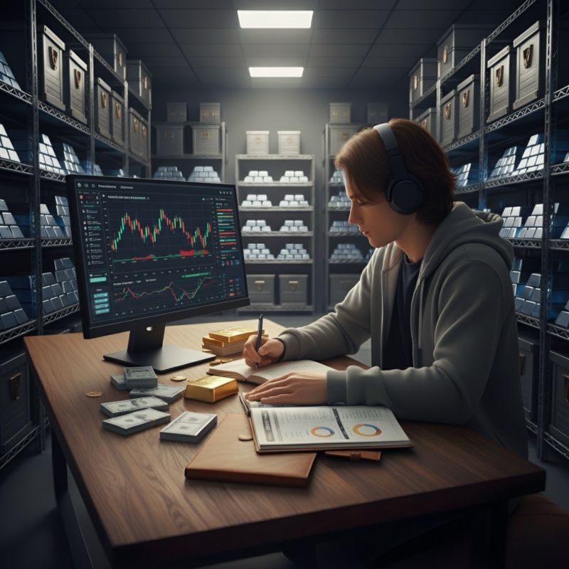 Illustration of a young man with headphones reviewing a candlestick price chart at a desk inside a vault lined with shelves of silver and gold bars, with cash and a gold bar nearby.