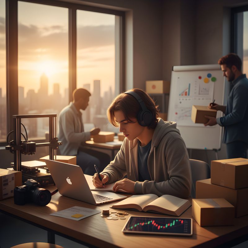 Illustration of a person with headphones writing in a notebook at a desk with a laptop, camera, and 3D printer, while two colleagues in the background pack boxes and review a bar chart on a flip chart.