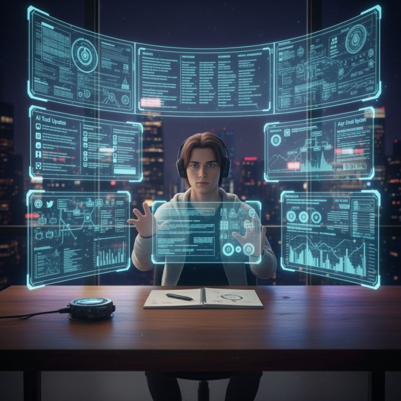 Illustration of a young man wearing headphones surrounded by floating holographic panels labeled with AI tool updates, analytics, and social feeds, against a night city skyline.