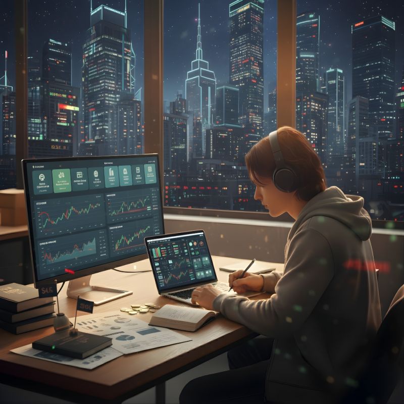 Illustration of a young man with headphones working late at a desk overlooking a city skyline, with dual monitors and a laptop showing stock charts, books, and stacked coins nearby.