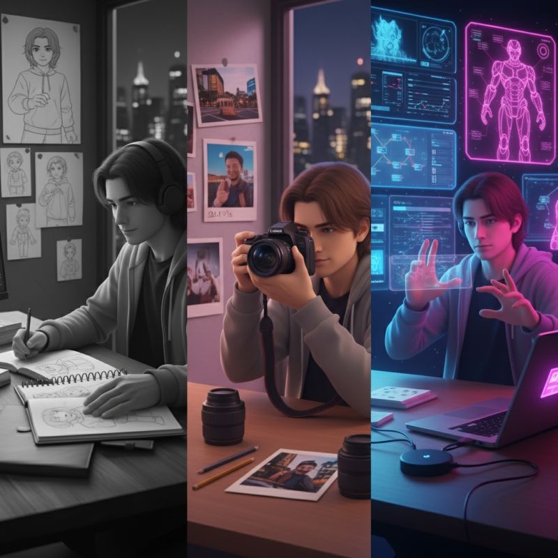 Three-panel illustration showing the same young man progressing from a black-and-white sketch artist, to a photographer with a camera, to a neon-lit figure interacting with a holographic AI robot.