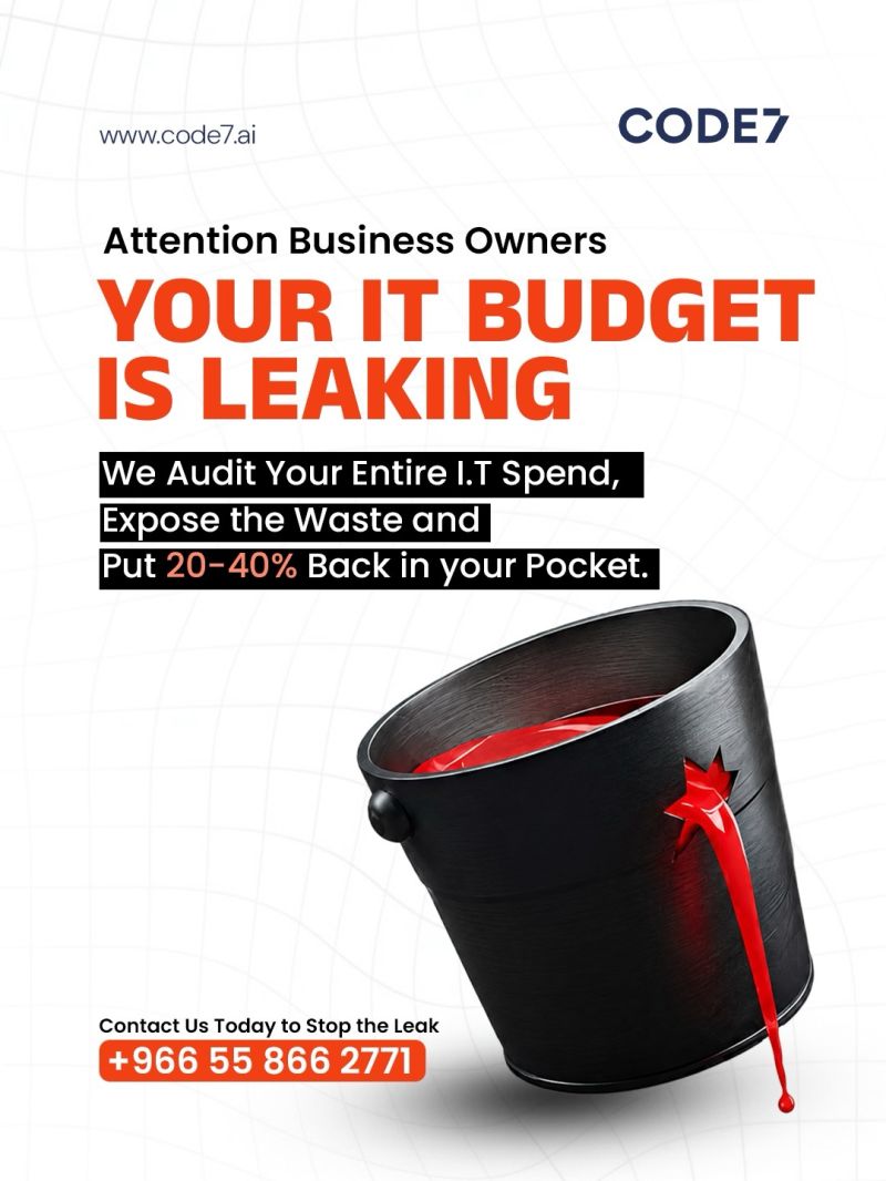 A promotional graphic from Code7 reading 'Attention Business Owners: Your IT Budget Is Leaking — We Audit Your Entire IT Spend, Expose the Waste and Put 20-40% Back in Your Pocket,' illustrated with a black bucket leaking red paint.