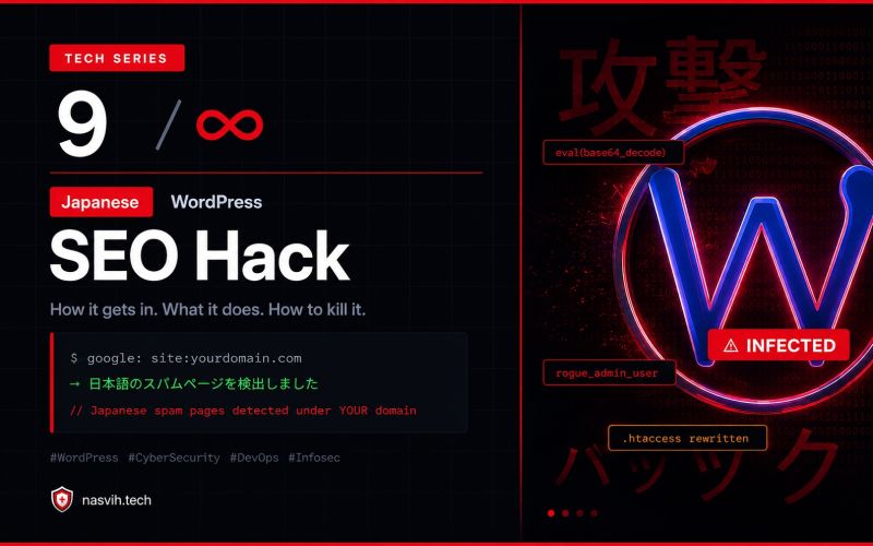 A split graphic: the left panel reads 'Tech Series 9 — Japanese WordPress SEO Hack, How it gets in. What it does. How to kill it,' with a terminal line showing a Google site: search revealing Japanese spam pages; the right panel shows a glowing red 'W' logo tagged INFECTED alongside eval(base64_decode), rogue_admin_user, and .htaccess rewritten.