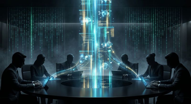 Dark illustration of six silhouetted executives seated at a round table, each connected by glowing data streams flowing up into a tower of code and binary rain.