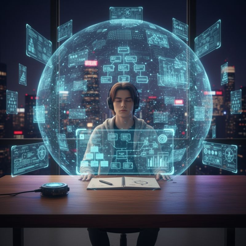 Illustration of a young man with eyes closed and headphones on, seated inside a glowing sphere made of connected holographic flowcharts and data panels.