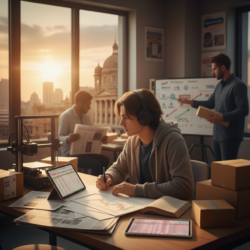 Illustration of a young entrepreneur reviewing spreadsheets and stock charts on tablets at a desk surrounded by shipping boxes and a 3D printer, with a colleague presenting growth charts on a whiteboard behind him.