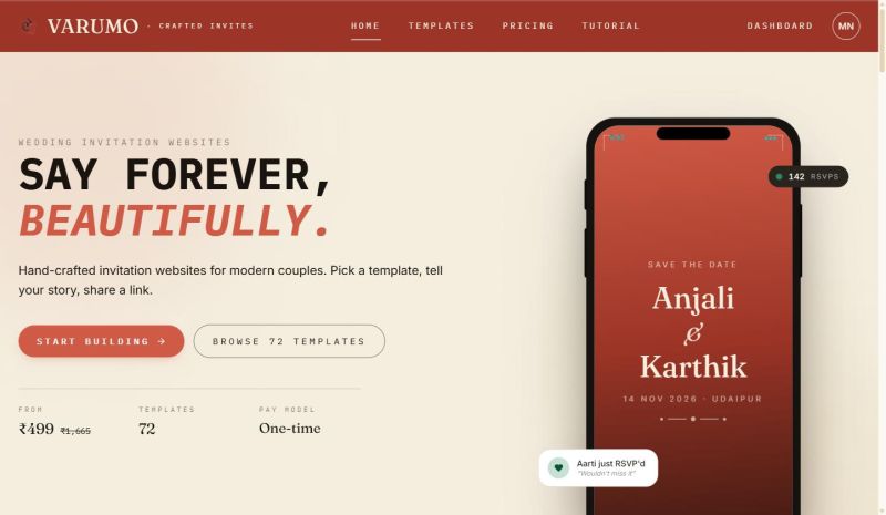 The Varumo homepage: a maroon header reading 'VARUMO — Crafted Invites' above the tagline 'Say Forever, Beautifully,' next to a phone mockup showing a wedding invitation for Anjali & Karthik with 142 RSVPs, and pricing starting at ₹499 across 72 templates.