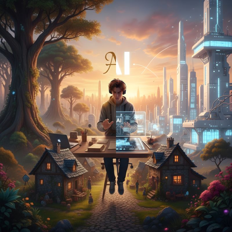 Split illustration of a person with headphones sitting cross-legged in front of a laptop, left side a whimsical village with cottages and trees, right side a futuristic city skyline, with AI written above in split gold and white lettering.
