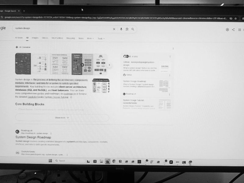 A laptop screen showing a Google search for 'system design', with an AI overview describing client-server architecture, databases and load balancers as the core building blocks of system design.