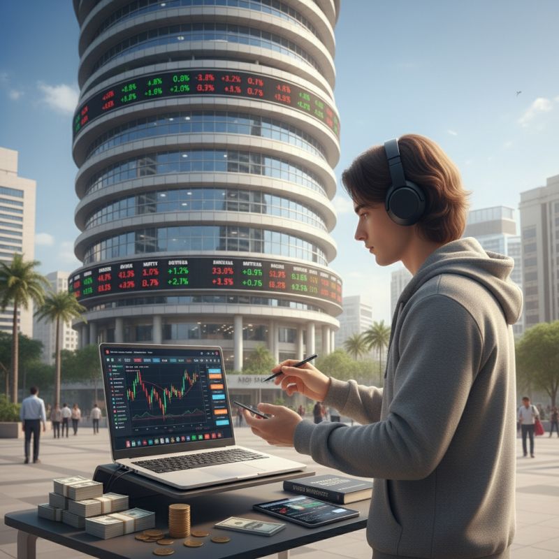 Illustration of a young man with headphones and a laptop showing a stock chart, standing in a plaza in front of a large circular building displaying red and green stock ticker numbers.