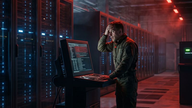 Photo illustration of a stressed engineer in a server room gripping his head while looking at a screen full of red error alerts, lit by red emergency lighting.