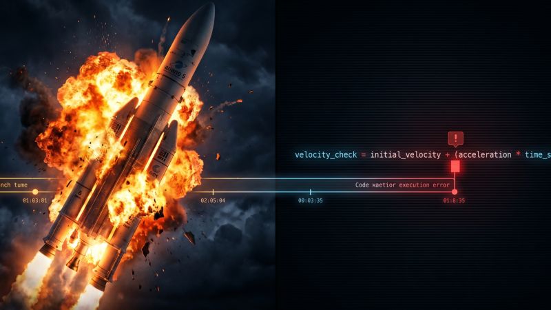 A split image: an Ariane 5 rocket exploding in a fireball on the left, and a dark code editor on the right highlighting a velocity_check calculation flagged with a code execution error along a failure timeline.